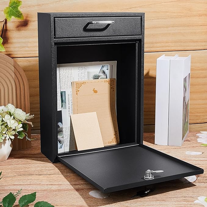 Locking Mailbox with Key for Outdoor 16.2 x 11.2 x 4.7 Inches Large Wall Mount Mail Box with Lock Security Mail Drop Metal Collection Boxes Hanging Secure Postbox(Black)
