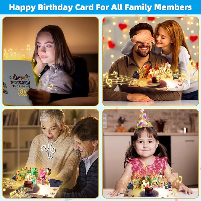 Gumry 65TH Musical Birthday PopUp Card, Blowable Colorful Light Candle 3D Cards with Song, Applause Cheers Sound, Greeting Cards Birthday Gifts Decorations for Women Men Turning 65 Years Old