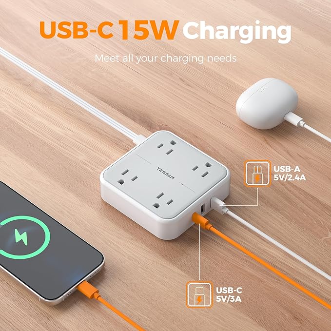 Flat Plug Extension Cord 5 Ft, TESSAN Surge Protector Power Strip Ring Pull with 3 USB (1 USB C) 4 Outlets, 900 Joules Protection, Desktop Charging Station for Home, Office, College, Dorm Room, Gray