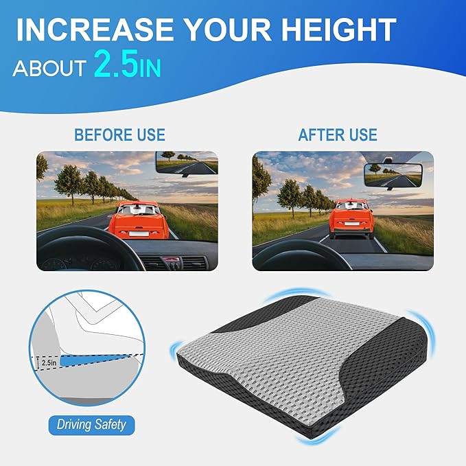 Car Seat Cushion, Comfortable Memory Foam Seat Pillow for Driving, Sciatica-Back Pain Relief, Cushion for Car-Truck, Office, Wheelchair - Mesh Black&Gray