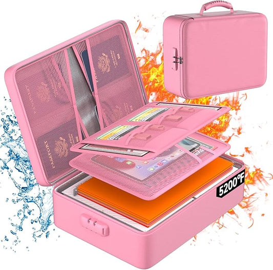 DocSafe 5200°F Document Organizer with Lock,Upgraded Heat Insulated Fireproof＆Waterproof Box 8 Layers File Organizer,Portable Home Travel Safe Storage for Important Documents, Files,Pink (Soft)