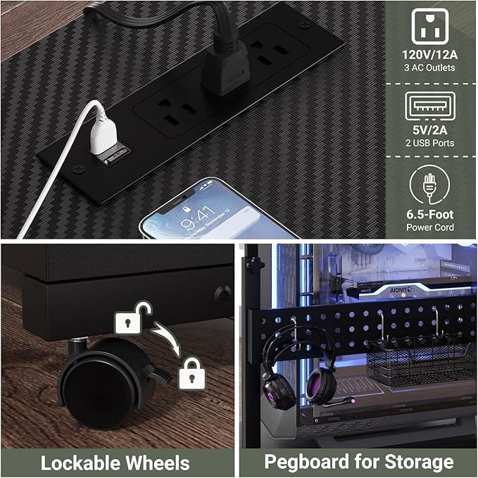 Computer Tower Stand with Power Strips, Height Adjustable PC Tower Stand/Cart with Wheels, Mobile Rolling CPU Holder, Computer Cart Side Stand for Computer Desk, 32", Carbon Fiber Black