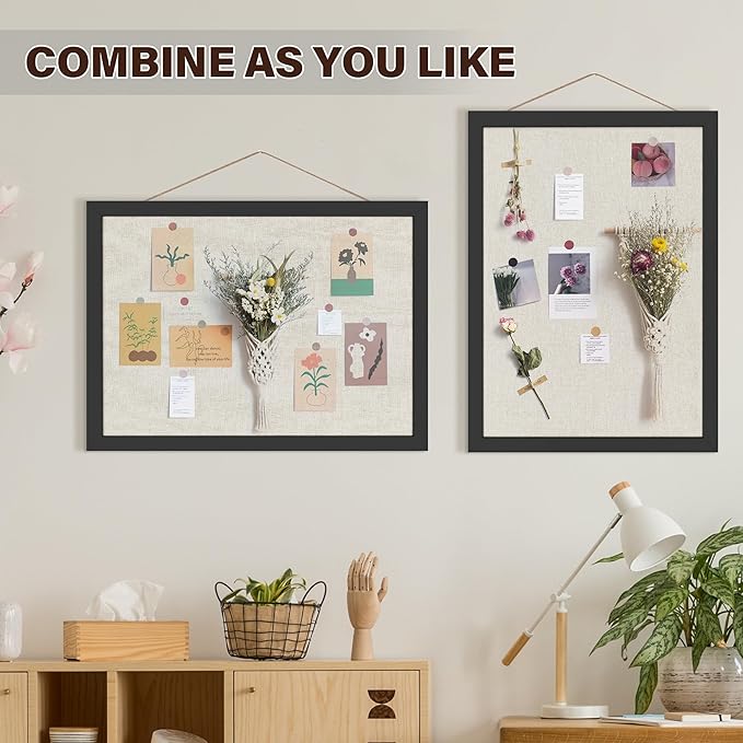 Cork Board Bulletin Board 16.7" x 11", Small Linen Corkboards with Frame for Walls, Cute Picture Display Pin Board Vision Board for Room School Office Bedroom 8 Pushpins Vintage Black