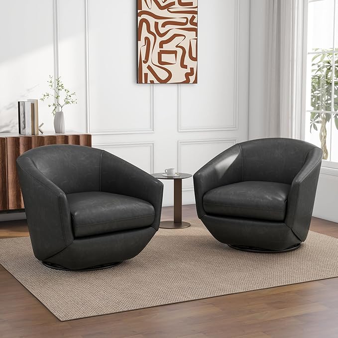 UIXE 360° Swivel Barrel Accent Chair, PU Leather Upholstered Club Armchair for Living Room, Modern Round Arm Chair Single Sofa Bedroom Reading Seating (Black)