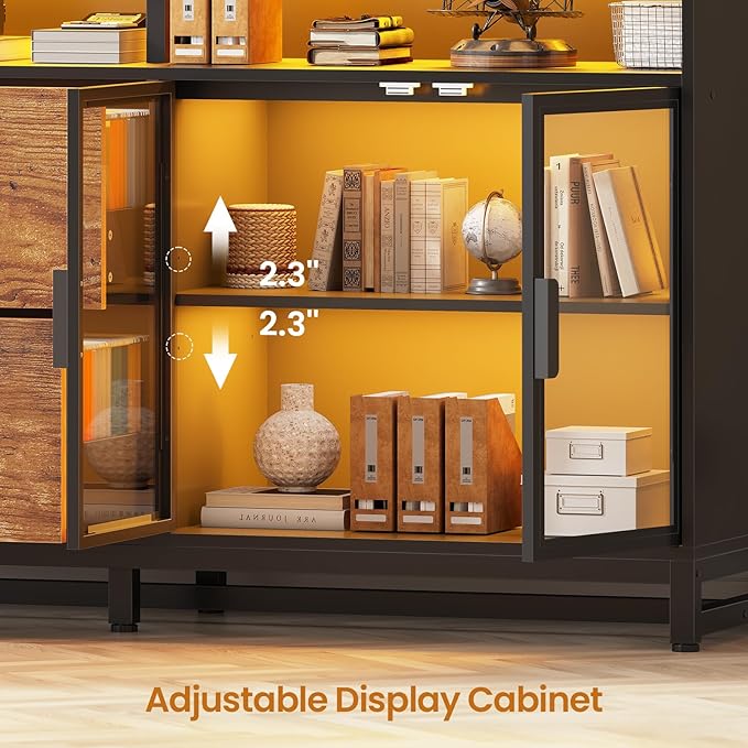 SEDETA 59" File Cabinet, 2 Drawers Filing Cabinets for Home Office fit Legal/Letter/A4 File, File Cabinet with Lock & Power Outlets, Printer Stand with Storage & LED Lights, Rustic Brown