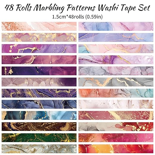48 Rolls Washi Tape Set - Decorative Masking Tape Colored Marbling Patterns, Adhesive Artists Tapes for Journaling Supplies, DIY Crafts, Scrapbooking, Junk Journal Supplies, School Supplies