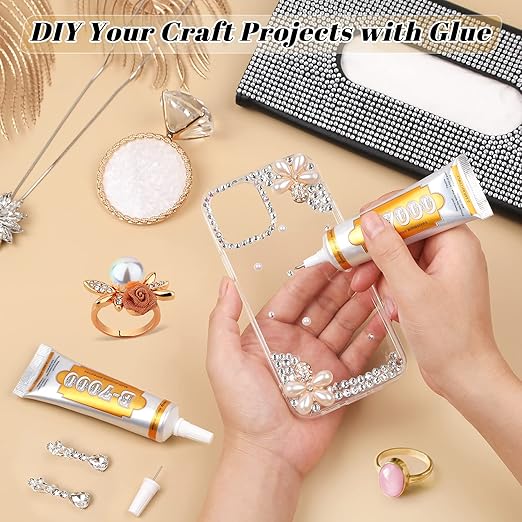 B7000 Glue Clear Adhesive, Jewelry Bead B-7000 Glue Semi Fluid Adhesive Glue High Viscosity with Precise Tips for Rhinestones Fabric, Glass, Jewelry Making, DIY Art Crafts, Leather, Toys (2x25ML)