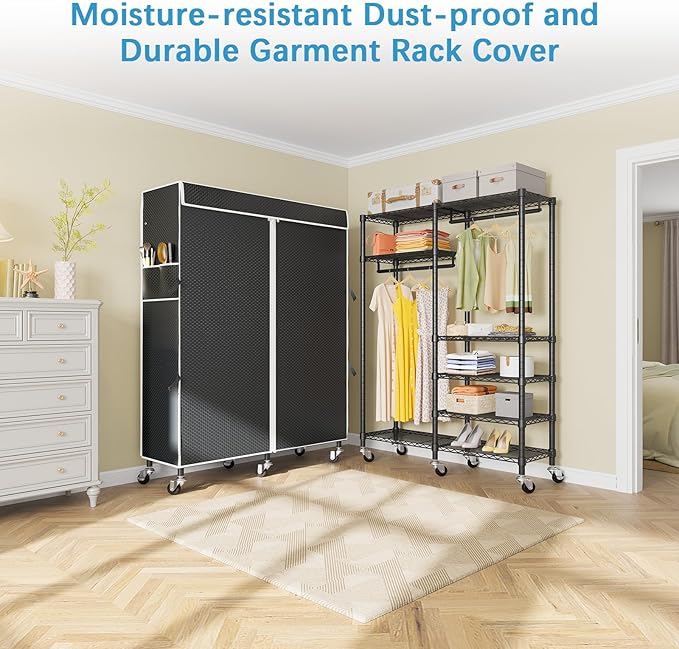 VIPEK R4C Portable Closet Rolling Clothes Rack Heavy Duty Adjustable Wardrobe Metal Garment Racks with Lockable Wheels Black Clothing Rack with Black Upgraded Polyester Cover, Max Load 620lbs