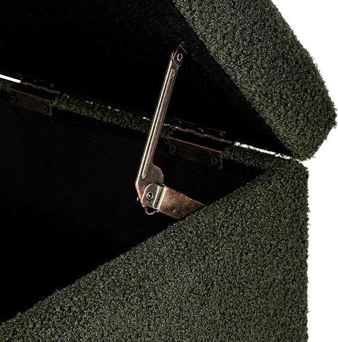 Adeco 17 Inch Soft Dark Green Cube Ottoman Storage, Teddy Velvet Chair Foot Stools, Upholstered Vanity Stool with Hinged Lid, Solid Round Wood Legs