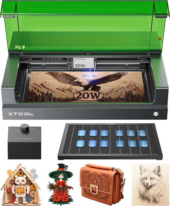 xTool S1 20W Laser Engraver and Cutter Machine with Air Assist & Honeycomb, 23.93" x 15.16" Bed Size, Beginner-Friendly, Laser Engravering Machine for Wood and Metal, Acrylic, etc. - Basic Bundle