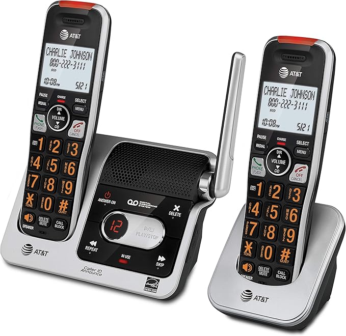AT&T BL102-2 DECT 6.0 2-Handset Cordless Phone for Home with Answering Machine, Call Blocking, Caller ID Announcer, Audio Assist, Intercom, and Unsurpassed Range, Silver/Black