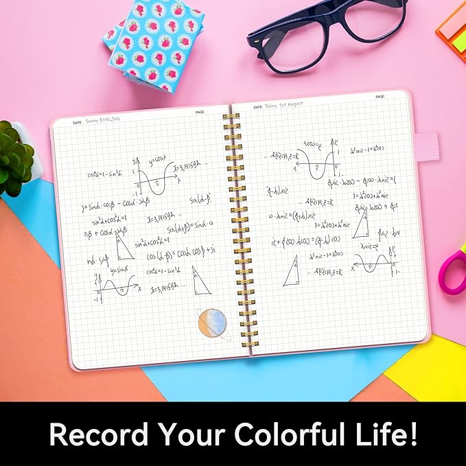 Alltree Large Graph Notebook Journal, Spiral Graph Grid Notebook for Work, Spiral Notebook with Pen Loop, Pocket, Stickers, 160 Pages, Journal for Women & Men, Pink(6"x8.5")