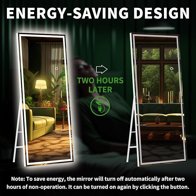 Hasipu Full Length Mirror with Lights, 67" x 24" LED Lighted Floor Standing, Full Body Dressing Hanging Mounted Mirror, Dimmable, Tempered Glass, Safe to Use, Square White