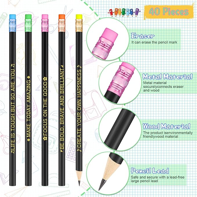 Eersida 40 Pcs Color Changing Mood Pencil with Motivational Sayings, 2B, Fun Assorted Thermochromic Pencils with Eraser(Bright Color,Bible Verses)