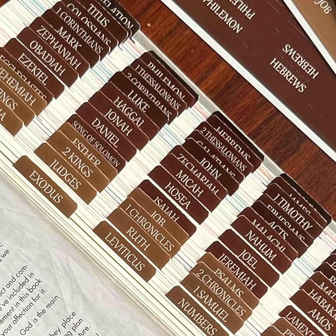 Thinkor Reposition Bible Tabs, Large Print Lanimated Stickers, Easy to Read and Apply Bible Tabs for Women and Man (Four Brown)