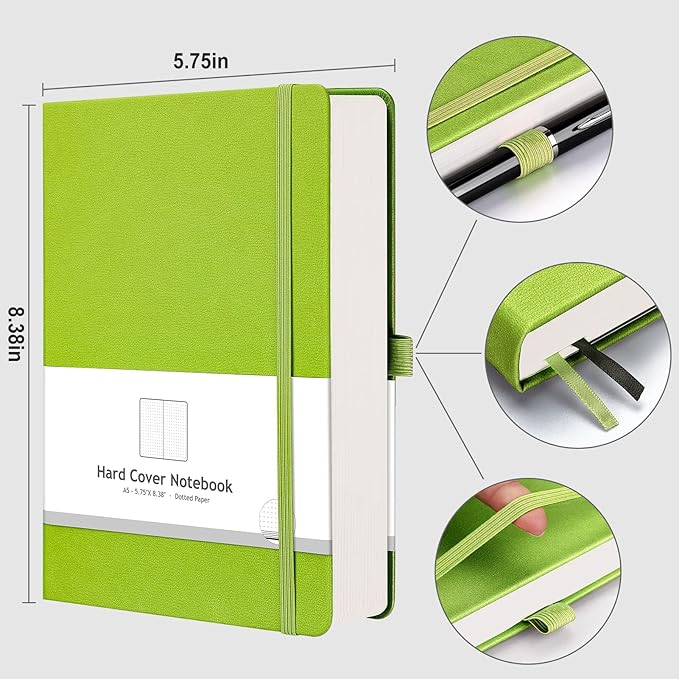 AHGXG Bullet Dotted Journal - 320 Numbered Pages Dot Grid Notebook A5 Thick Journal, 100gsm Thick Dotted Paper, Leather Hardcover,Inner Pocket, 5.75'' × 8.38'' - GrassGreen