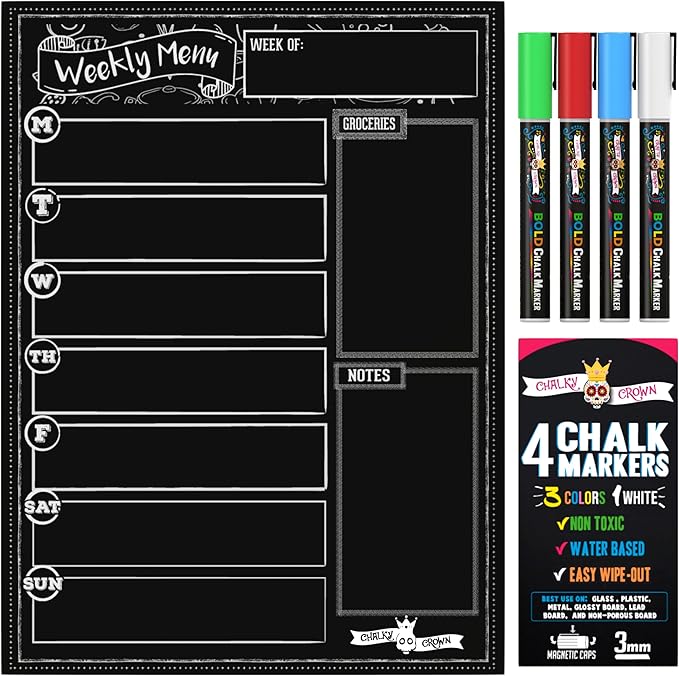 CHALKY CROWN Magnetic Dry Erase Menu Board for Fridge Includes 4 Liquid Chalk Markers - Weekly Meal Planner Blackboard, Grocery List & Notepad for Kitchen Refrigerator - Chalkboard Magnet