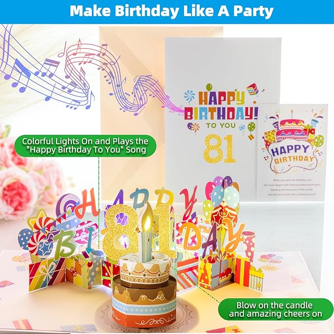 Gumry 81ST Musical Birthday PopUp Card, Blowable Colorful Light Candle 3D Cards with Song, Applause Cheers Sound, Greeting Cards Birthday Gifts Decorations for Women Men Turning 81 Years Old