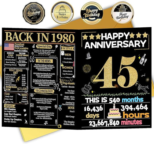 45th Anniversary Card for Women Men, Gold Wedding Card for Wife Husband, Sweet Marriage Decorations Gifts for Couple, Perfect for Her Him on Anniversary Day, Sapphire Wedding Card, Back in 1980