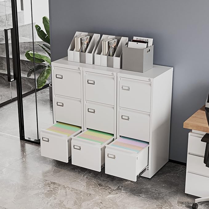 3 Drawers Vertical File Cabinets - 17.8" Deep Lockable Filing Cabinet - White Metal Storage Cabinets for Home Office to Hanging Files Letter/Legal/F4/A4 Size