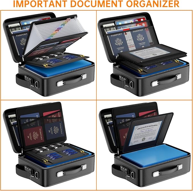 DocSafe Fireproof Document Box with Lock＆Shoulder Strap, Hard-Shell Case File Organizer with Accordion File Folder, Multi-Layer Portable Home Office Travel Safe Storage for Important Documents Laptop