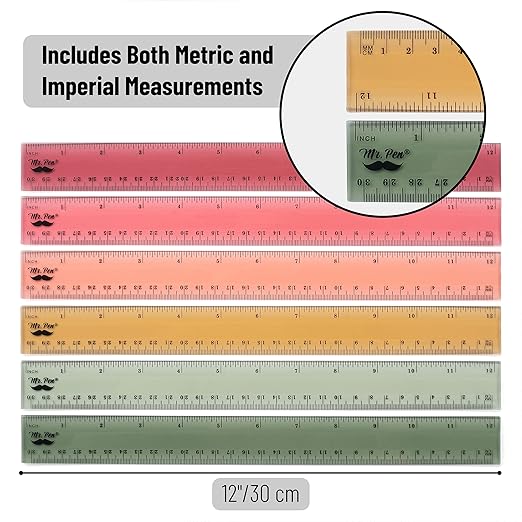 Mr. Pen- Ruler, 12 inch Ruler, 6 Pack, Vintage Colors, Clear Rulers 12 Inch, Rulers for School, Back to School Supplies