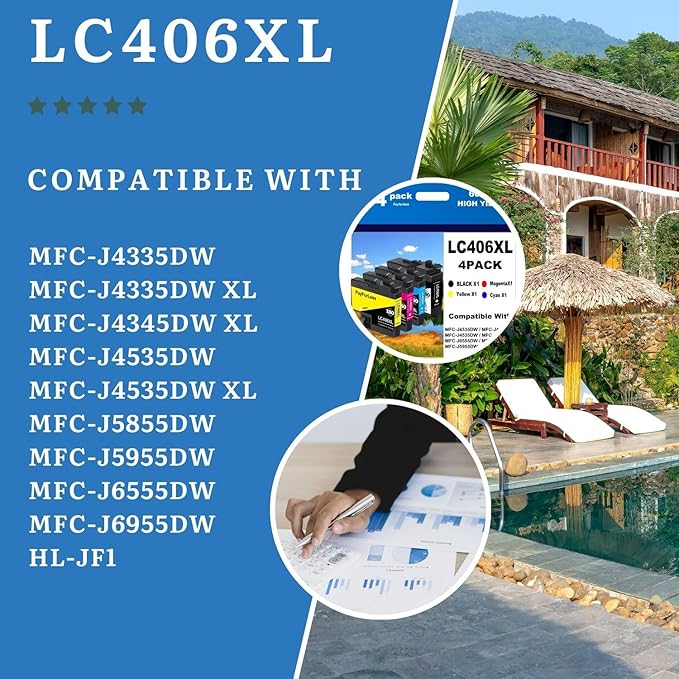 LC406XL for LC406 Ink Cartridges for Brother Printer for Brother MFC-J4335DW MFC-J4535DW MFC-J5855DW MFC-J6555DW MFC-J6955DW Printer 4 Pack(Black Cyan Magenta Yellow)