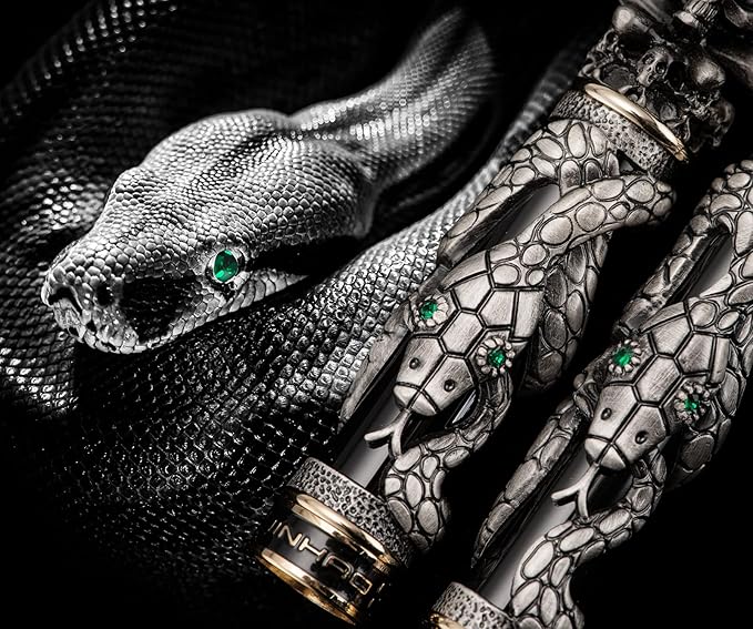 Jinhao Black Snake Fountain Pen Bent Nib Fude Pen with Skull Head Solid Metal
