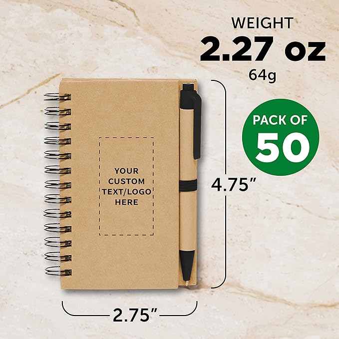 Custom Mini Spiral Notebooks with Black Ink Pens Set of 50, Personalized Bulk Pack - Perfect for School, Office, Business, Home - Black