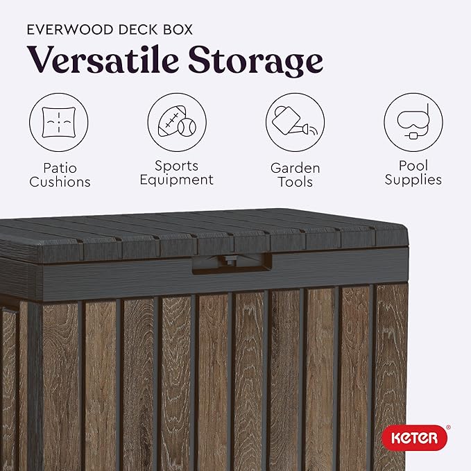 Keter Signature Everwood 50 Gallon Resin Outdoor Storage Box and Patio Furniture Side Table for Pool and Garden Accessories, Walnut