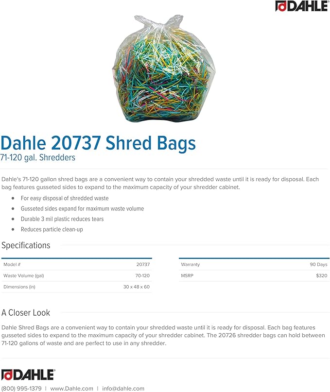 Dahle 20737 Shred Bags w/Gusseted Sides for Maximum Capacity, for Dahle 71-120 gal. Shredders, 4 mil. Thickness (Pack of 50)