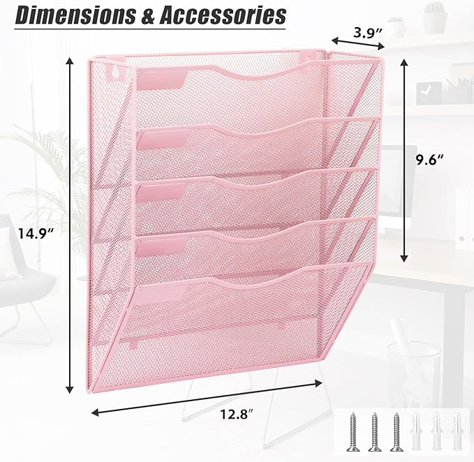 EASEPRES 5 Pocket Mesh Hanging Wall File Organizer, Wall Mounted Mail Paper Document Folder Holder, Clipboard Storage Organization Magazine Rack with Nametag Label for Office Home School, Pink