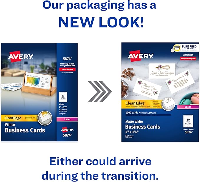 Avery Clean Edge Printable Business Cards with Sure Feed Technology, 2" x 3.5", White, 1,000 Blank Cards for Laser Printers (5874)
