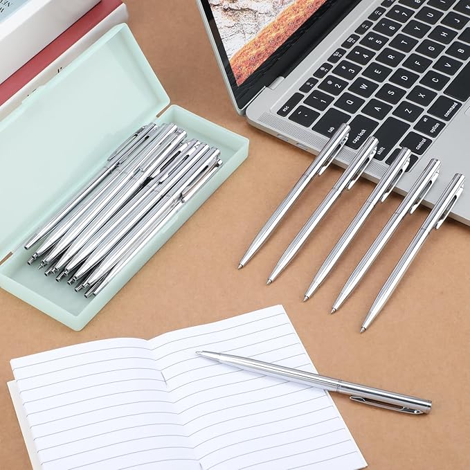 Lincia 100 Pieces Silver Slim Metal Ballpoint Pen 1 mm Medium Black Ink Smooth Writing Silver Retractable Point Metal Pen for Office Business Students Teachers Wedding Guest(Stylish)