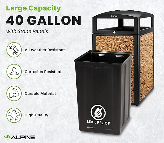 Alpine Outdoor Commercial Trash Can with Lid - 40 Gallon Heavy Duty Metal Garbage Can with Removable Bin, Locking Lid & a Modern Look in Park & High Traffic Areas (Black, Brown Stone Panels with Tray)