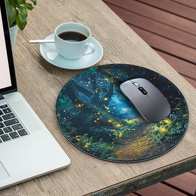 Gctriki Fireflies Forest Round Mouse Pad, with Stitched Edge Non-Slip Rubber Base, Small Travel Mouse Pad for Laptop Computer Desk Gaming, Cute Office Desk Accessories Decor for Women