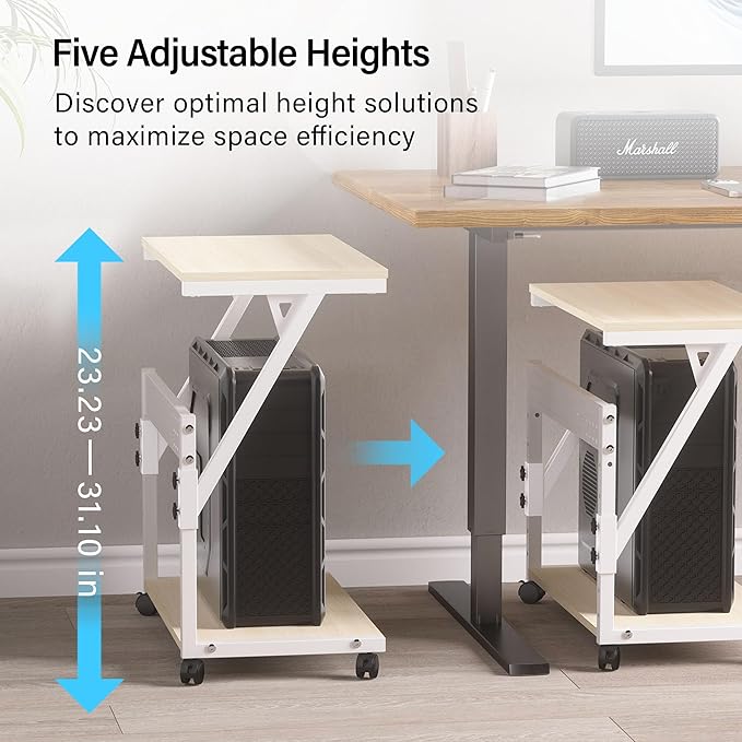 Computer Tower Cart - Height Adjustable PC Stand, 2-Tier ATX-Case CPU Holder Home Office Gaming Desk Accessories with Rolling Lockable Wheels, Laptop Table Standing Computer Desk, Natural White
