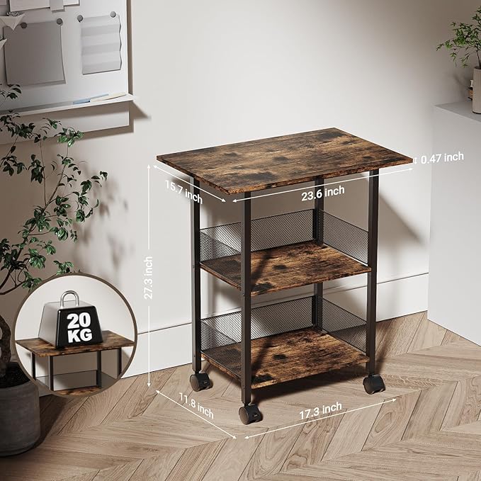 Printer Stand, 3-Tier Mobile Industrial Printer Table with Anti-Fall Storage Shelf, 23"x15" Home and Office Rolling Cart for Printer, Fax Machine, Laminator, Scanner