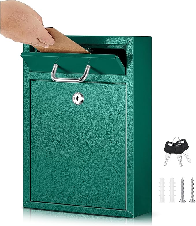 Locking Mailbox with Key for Outdoor 12.2 x 8.5 x 3 Inches Large Wall Mount Mail Box with Lock Security Mail Drop Metal Collection Boxes Hanging Secure Postbox(Green)