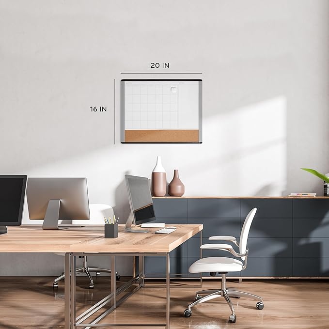 U Brands Magnetic Dry Erase 3-in-1 Calendar Board, 20"x16", Black and Gray Frame