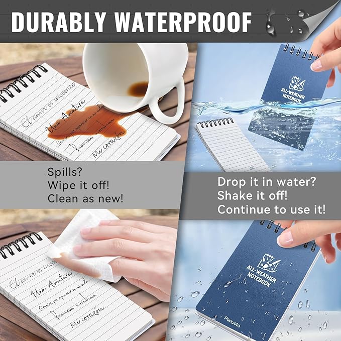 POPYOLA 8 Pack Waterproof Pocket Notebook, 3x5 Pocket Notepad, All Weather Mini Spiral Notepad, Write in the Rain Police Notepad with 100 Squared Pages for Outdoor Home Office School, Blue