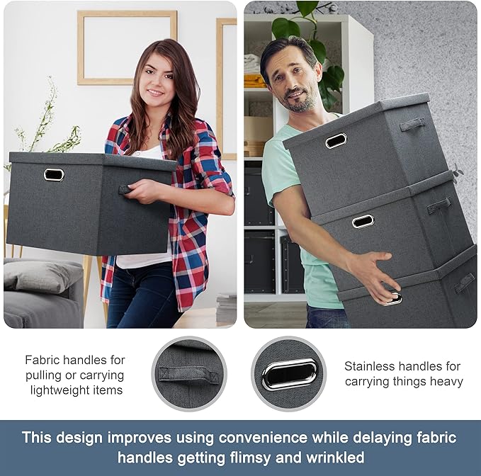 Large 17" 36 Quart Collapsible Stackable Storage Bins with Lids, 5 Packs Dark Gray Foldable Fabric Closet Storage Boxes with Lids Heavy-duty Linen Cube Baskets(17 x 12 x 11)