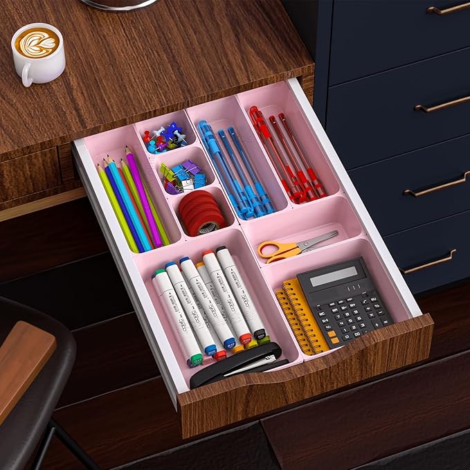 60 Pcs Plastic Drawer Organizer Set,5 Size Small Storage Containers for Organizing Jewelry,Utensil,Junk,Tea,Makeup,Shallow Drawer Organizers Tray Suitable for Office,Desk,Bathroom,Vanity,Kitchen,Pink
