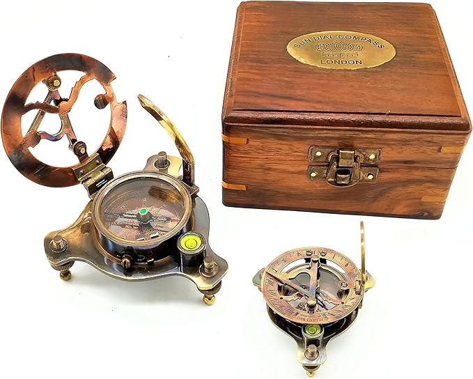 Sundial Compass, Vintage Marine West London Antique 2.5" Brass Sundial Compass Nautical Decor Big Brass Triangle Sundial Compass with Adjustable Screw Legs