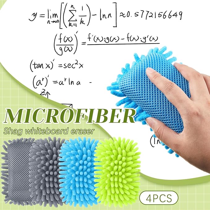 Zonon 4 Pieces Dry Erase Eraser Microfiber Shag Washable Whiteboard Eraser for Markers, Chalk, Classroom, Home and Office(Blue,Green,Gray)