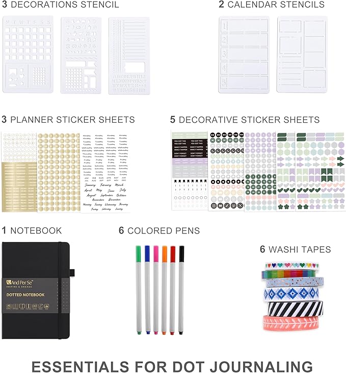 &And Per Se Dotted Journal Notebook Set, A5 Hardcover Dotted Journal (Black), 6 Fineliner Pens, 8 Sticker, 5 Stencil Sheets & 6 Washi Tapes, Journaling Supplies for Planner Schedule