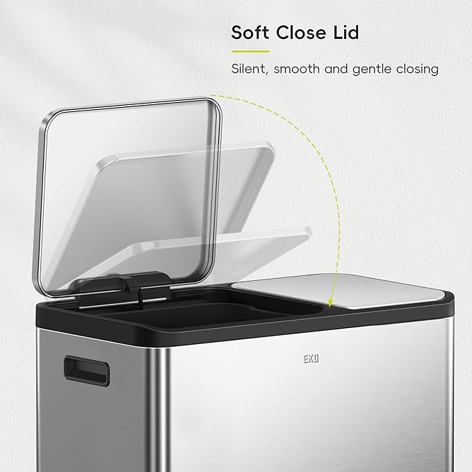 EKO EcoCasa Stainless Steel Dual Step Trash Can for Recycling, 30L+20L Rectangular Kitchen Trash Can, Independent Pedals and Lids, Soft Close and Fingerprint Resistant