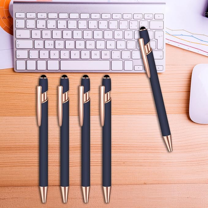 8 Pcs Blue Ink Ballpoint Pen with Stylus Tip 2 in 1 Stylus Ballpoint Pen Metal Pens Stylus Pen for Touch Screens School Office Coworkers (Blue Rose Gold)