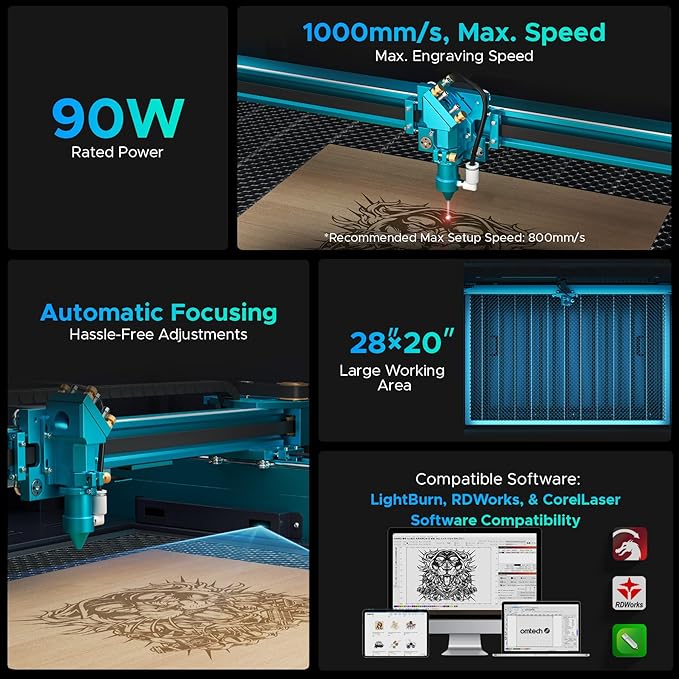 OMTech Pronto 90W CO2 Laser Engraver with Water Chiller&LightBurn, 28"x20" Laser Engraving Machine with Autofocus 2 Way Pass-Throughs Built-in Air Assist, Laser Cutter for Wood Glass Acrylic More