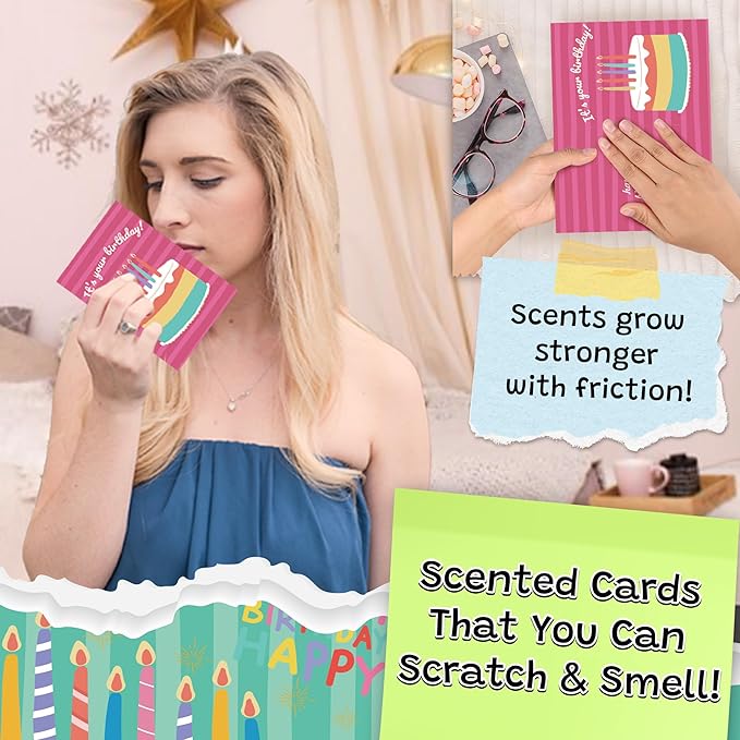 24 Pack Scented Birthday Cards with Envelopes & Stickers, 4x6 Inch Bulk Scratch and Sniff Greeting Cards, Happy Birthday Notes for Family, Kids, Friends, Parties and Office Celebrations